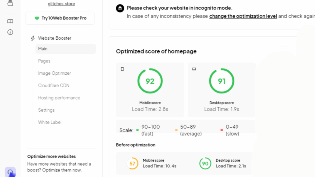 Screenshot showing 10Web dashboard monitoring website performance and speed